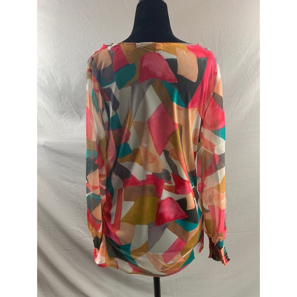 NWT Draped Neck Shirred Cuff Graphic Print Chiffon Top - Picture 4 of 4